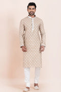 Brown & White Cotton Jacquard Printed Kurta Pajama Set - Traditional Wear RTI