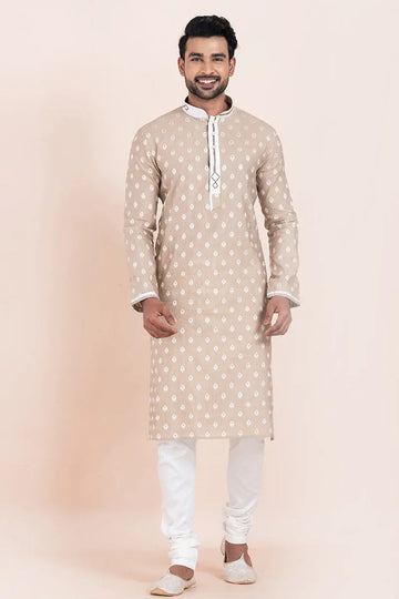 Brown & White Cotton Jacquard Printed Kurta Pajama Set - Traditional Wear RTI