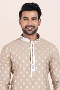 Brown & White Cotton Jacquard Printed Kurta Pajama Set - Traditional Wear RTI
