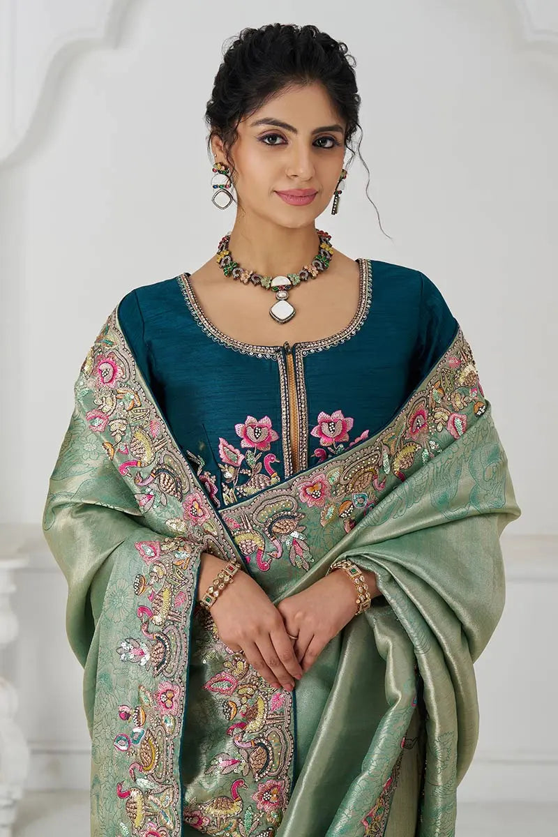 Champagne Grace: Embroidered Dola Silk Saree with Birds, Sequins & Beads KSR