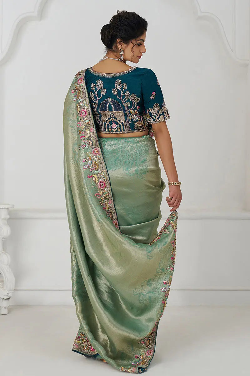 Champagne Grace: Embroidered Dola Silk Saree with Birds, Sequins & Beads KSR