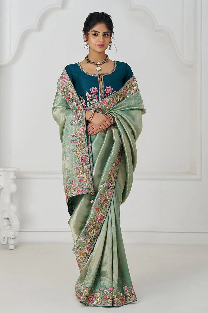 Champagne Grace: Embroidered Dola Silk Saree with Birds, Sequins & Beads KSR