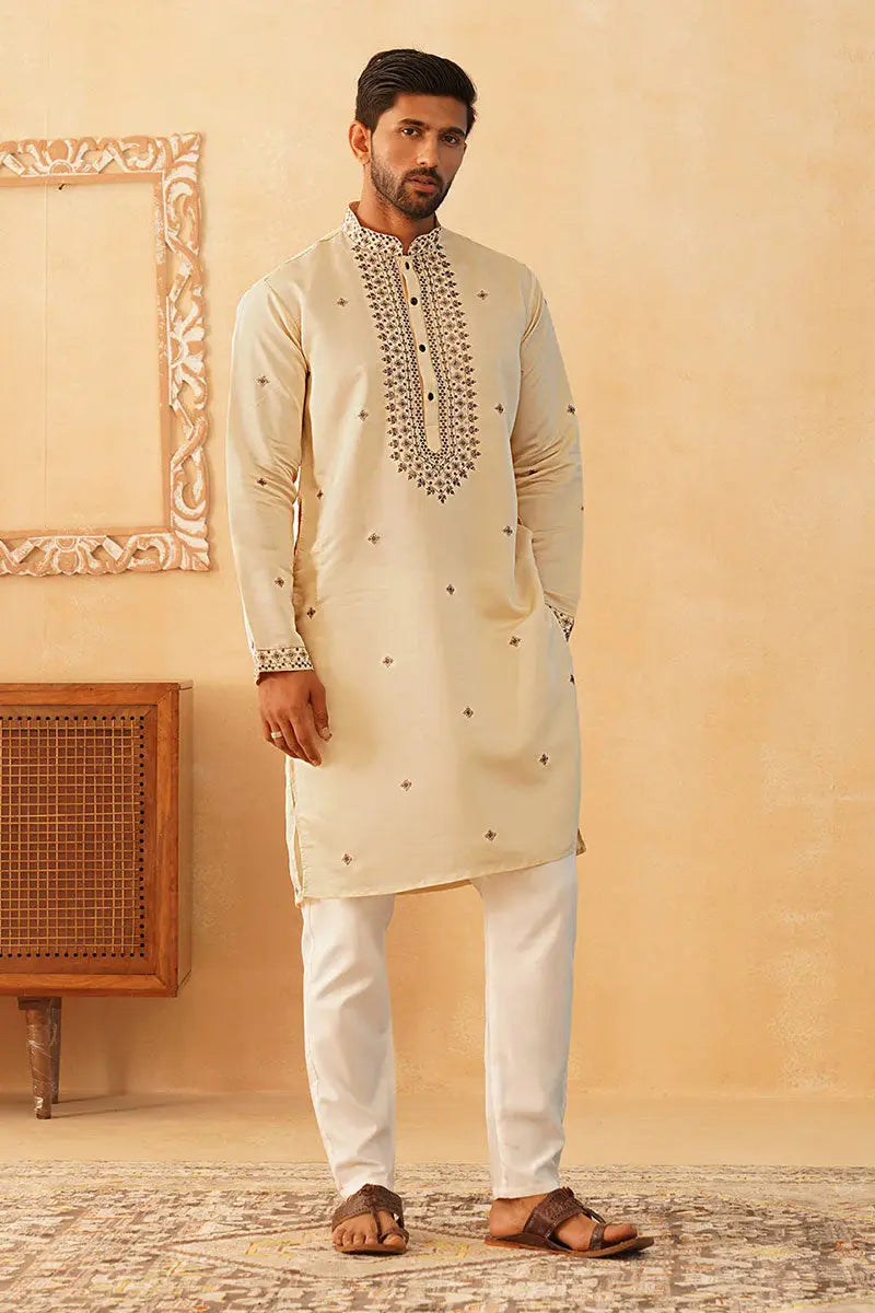 Cream Embroidered Designer Kurta Pajama Set - Traditional Wear VA
