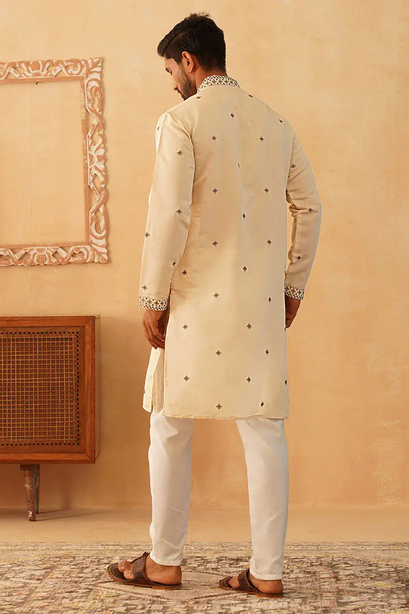 Cream Embroidered Designer Kurta Pajama Set - Traditional Wear VA