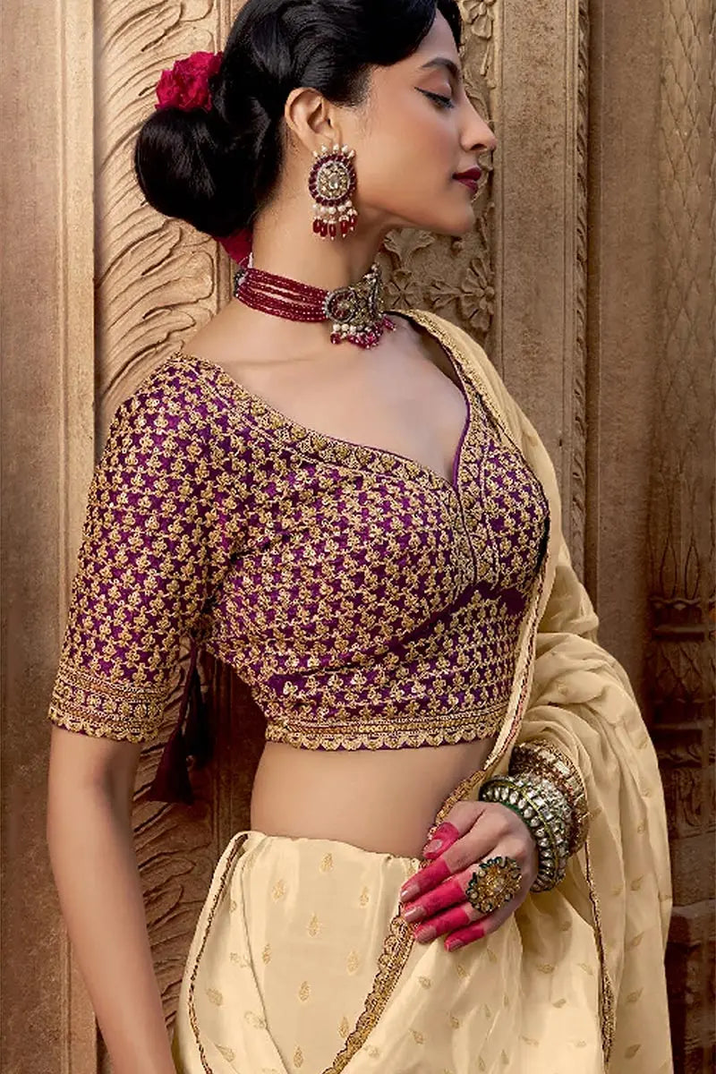 Cream Handwoven Banarasi Saree with Red Embroidered Blouse VA