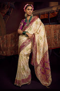 Cream Patola Banarasi Saree with Golden Zari Weave – Bridal & Festive Wear VA