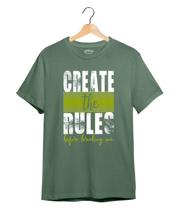 "Create The Rules" Printed T-Shirt – Premium Round Neck - Basil Green - 100% Cotton Offbeat