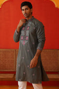 Dark Grey Cotton Silk Embroidered Designer Kurta Pajama Set - Traditional Wear VA