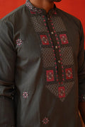 Dark Grey Cotton Silk Embroidered Designer Kurta Pajama Set - Traditional Wear VA