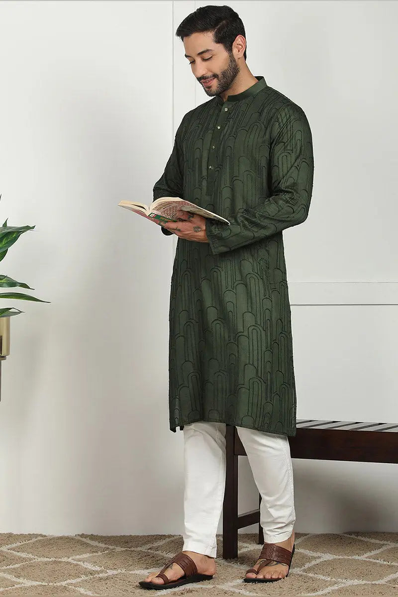 Deep Green Jacquard Kurta for Men – Festive & Formal Wear KSF