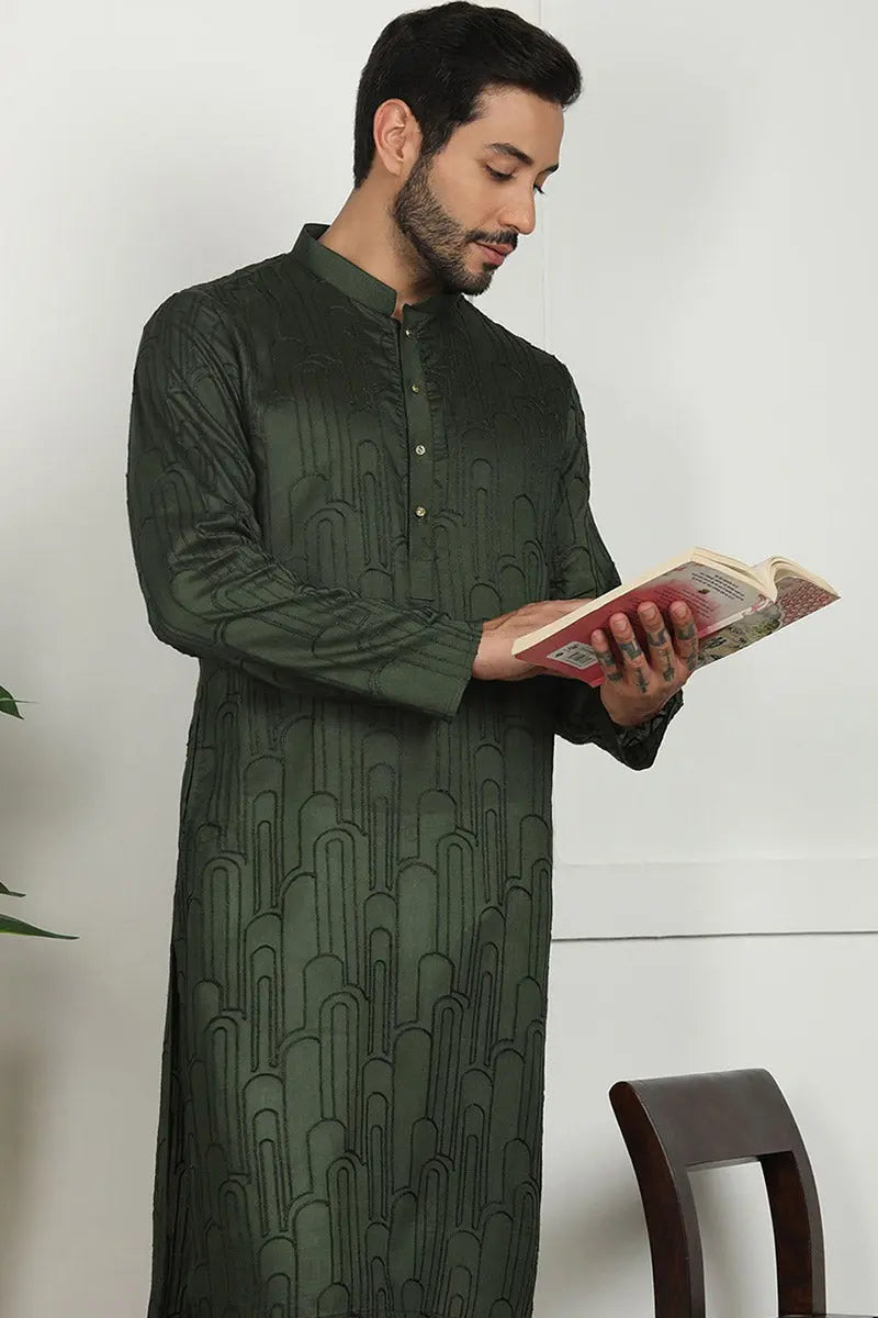Deep Green Jacquard Kurta for Men – Festive & Formal Wear KSF
