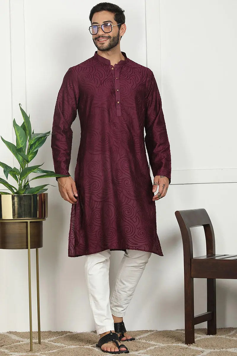 Elegant Maroon Jacquard Kurta for Men – Festive & Formal Wear KSF