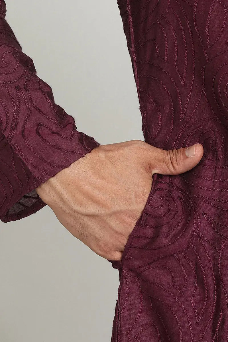 Elegant Maroon Jacquard Kurta for Men – Festive & Formal Wear KSF