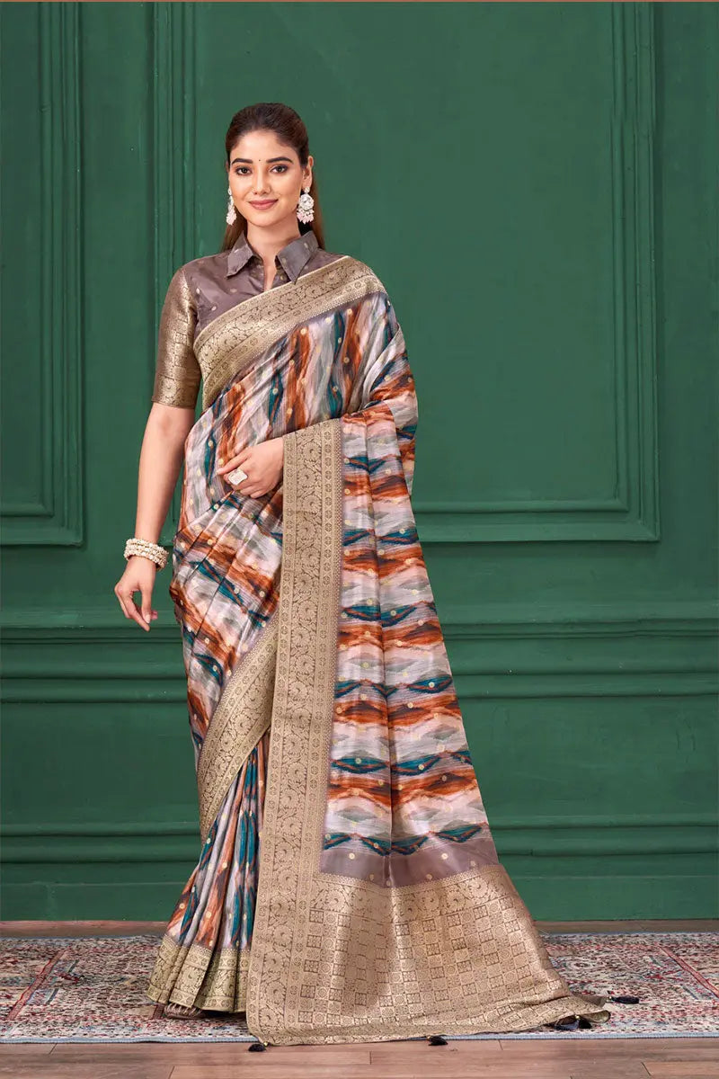 Elegant Multicolor Designer Saree with Blouse & Golden Zari Border RTI