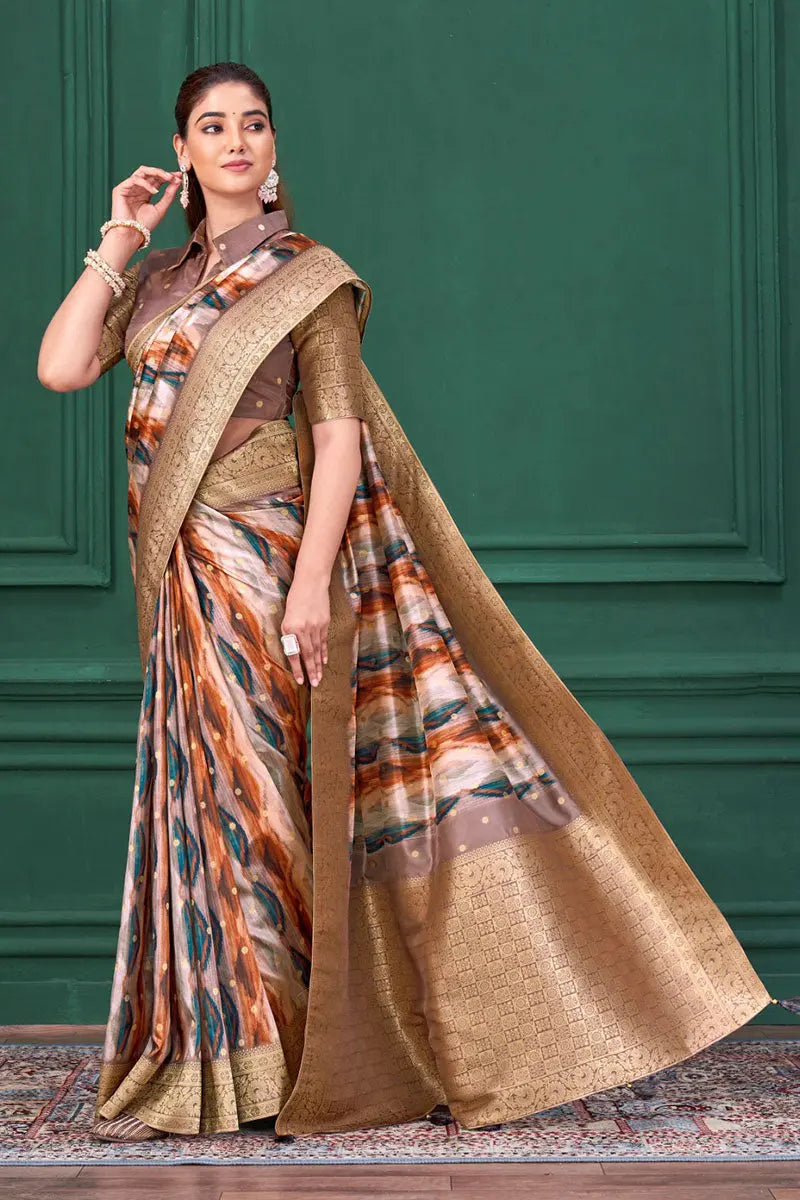 Elegant Multicolor Designer Saree with Blouse & Golden Zari Border RTI