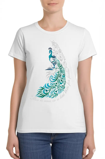 Elegant Peacock Feather Artistic Print - Women’s T-Shirt –  White - 100% Cotton Offbeat
