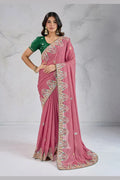 Elegant Pink Embroidered Saree with Green Blouse – Festive & Party Wear RTI
