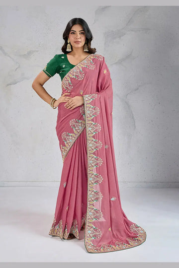 Elegant Pink Embroidered Saree with Green Blouse – Festive & Party Wear RTI