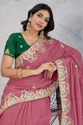 Elegant Pink Embroidered Saree with Green Blouse – Festive & Party Wear RTI