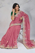 Elegant Pink Embroidered Saree with Green Blouse – Festive & Party Wear RTI