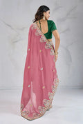 Elegant Pink Embroidered Saree with Green Blouse – Festive & Party Wear RTI