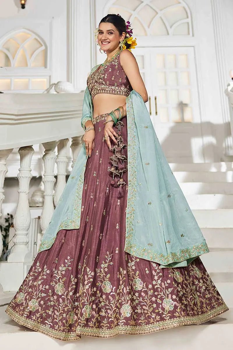 Elegant Rose Gold Embroidered Lehenga with Sky Blue Dupatta – Festive & Wedding Wear RTI