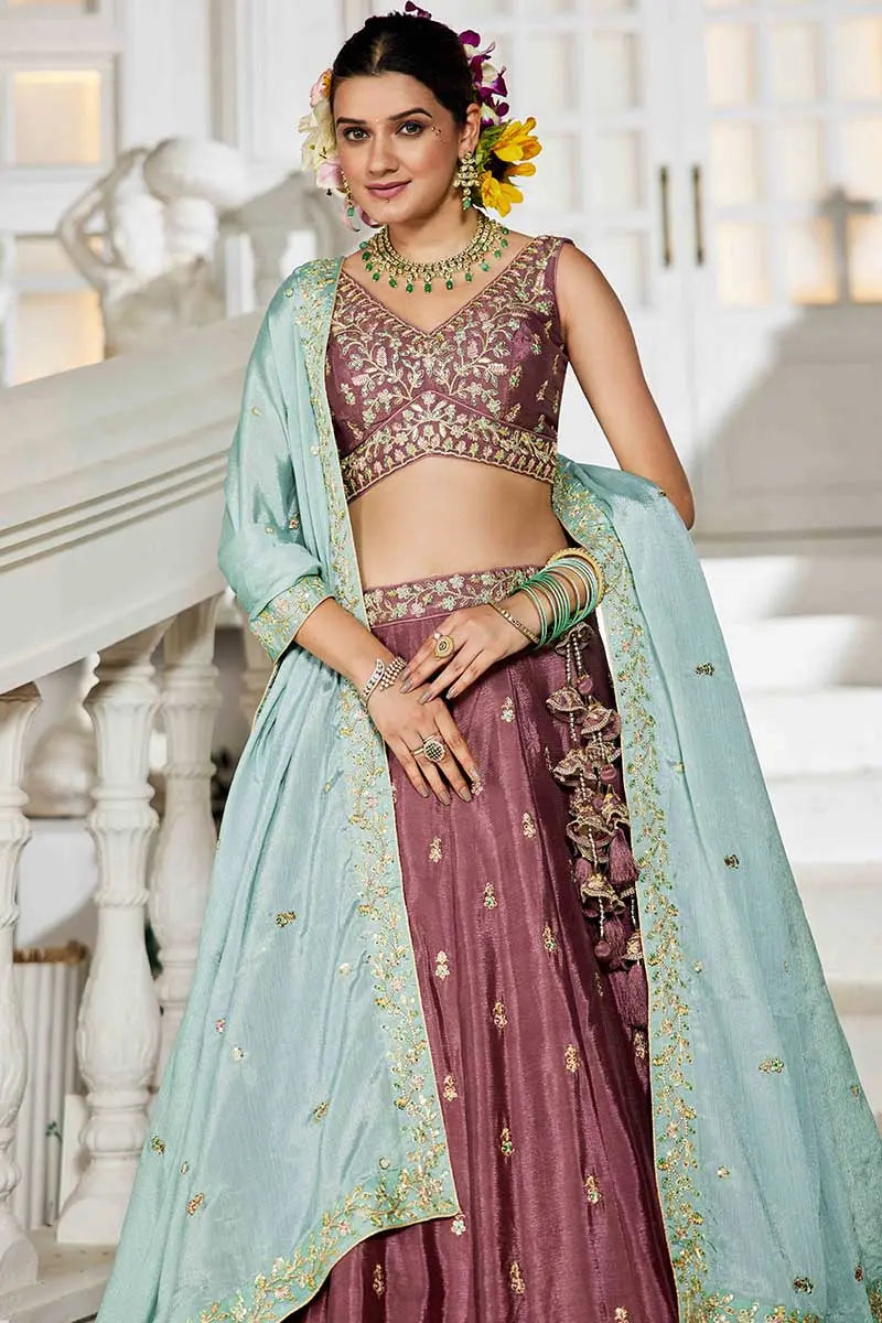 Elegant Rose Gold Embroidered Lehenga with Sky Blue Dupatta – Festive & Wedding Wear RTI