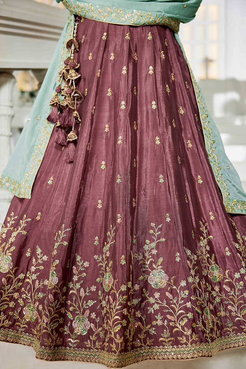 Elegant Rose Gold Embroidered Lehenga with Sky Blue Dupatta – Festive & Wedding Wear RTI
