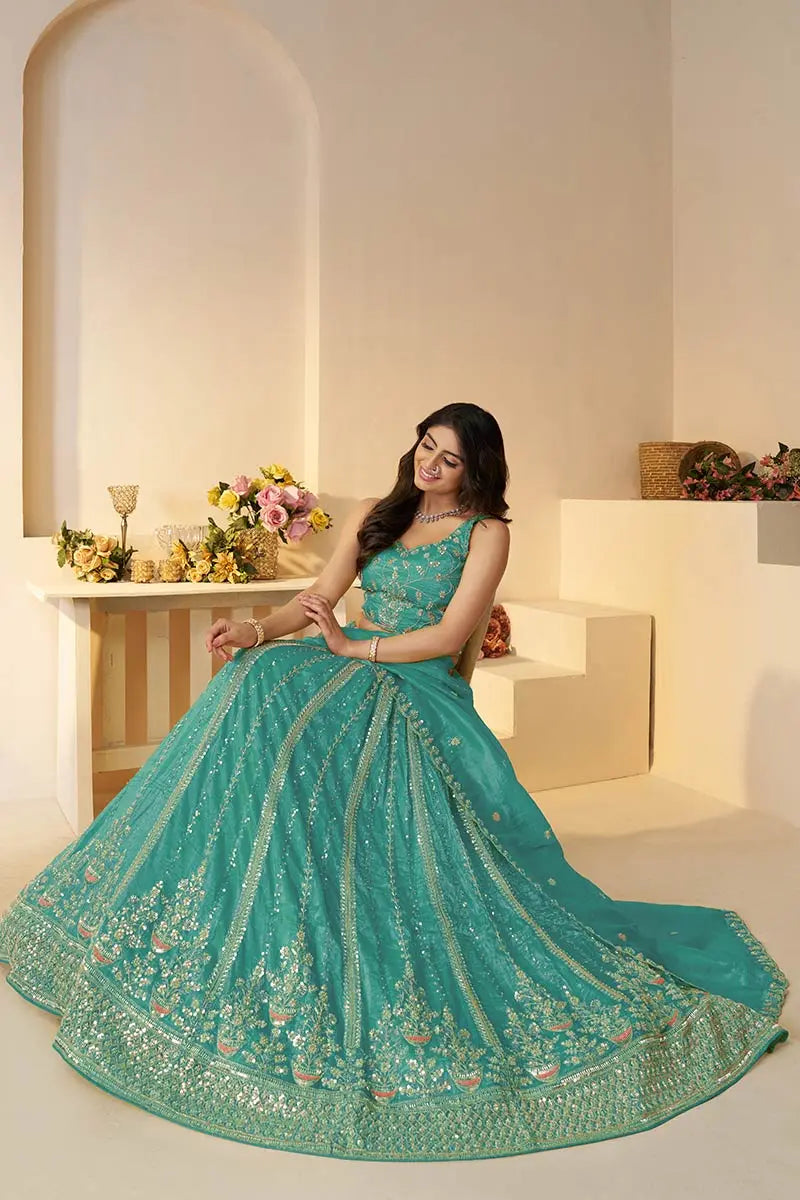 Elegant Sky Blue Silk Wedding Lehenga with Intricate Paisley Embroidery KSR