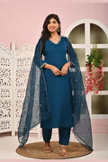 Elegant Teal Blue Straight Kurta Set with Embroidered Dupatta KSF