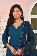 Elegant Teal Blue Straight Kurta Set with Embroidered Dupatta KSF