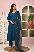 Elegant Teal Blue Straight Kurta Set with Embroidered Dupatta KSF