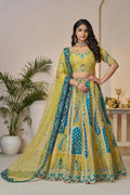 Elegant Yellow Banarasi Silk Lehenga Choli with Peacock Embroidery & Sequins KSR