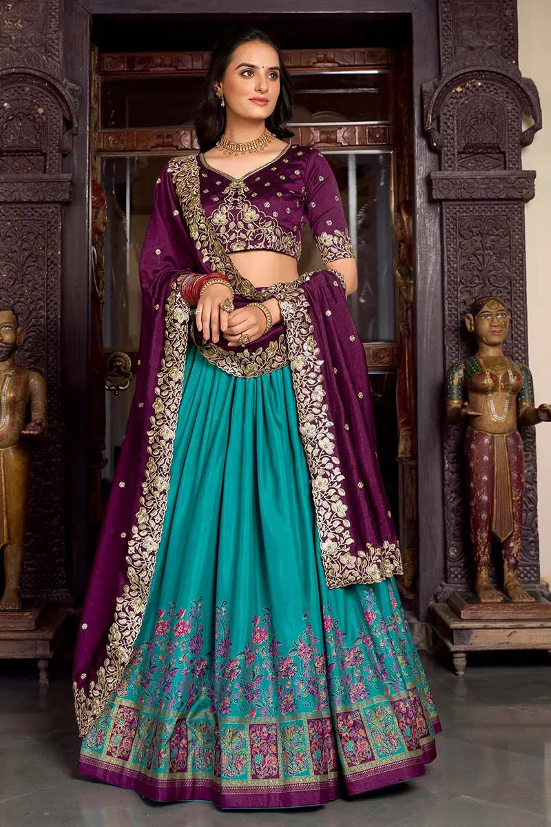 Firozi & Wine Embroidered Silk Lehenga Set with Zari Detailing RTI