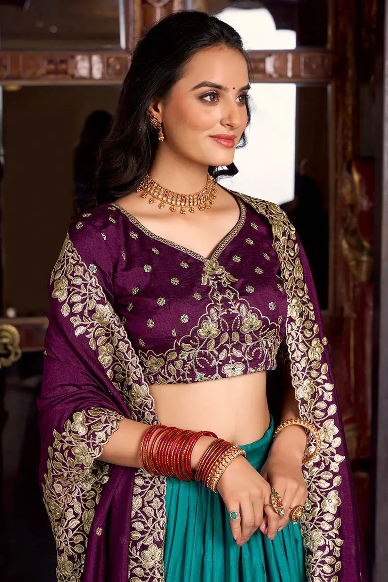 Firozi & Wine Embroidered Silk Lehenga Set with Zari Detailing RTI