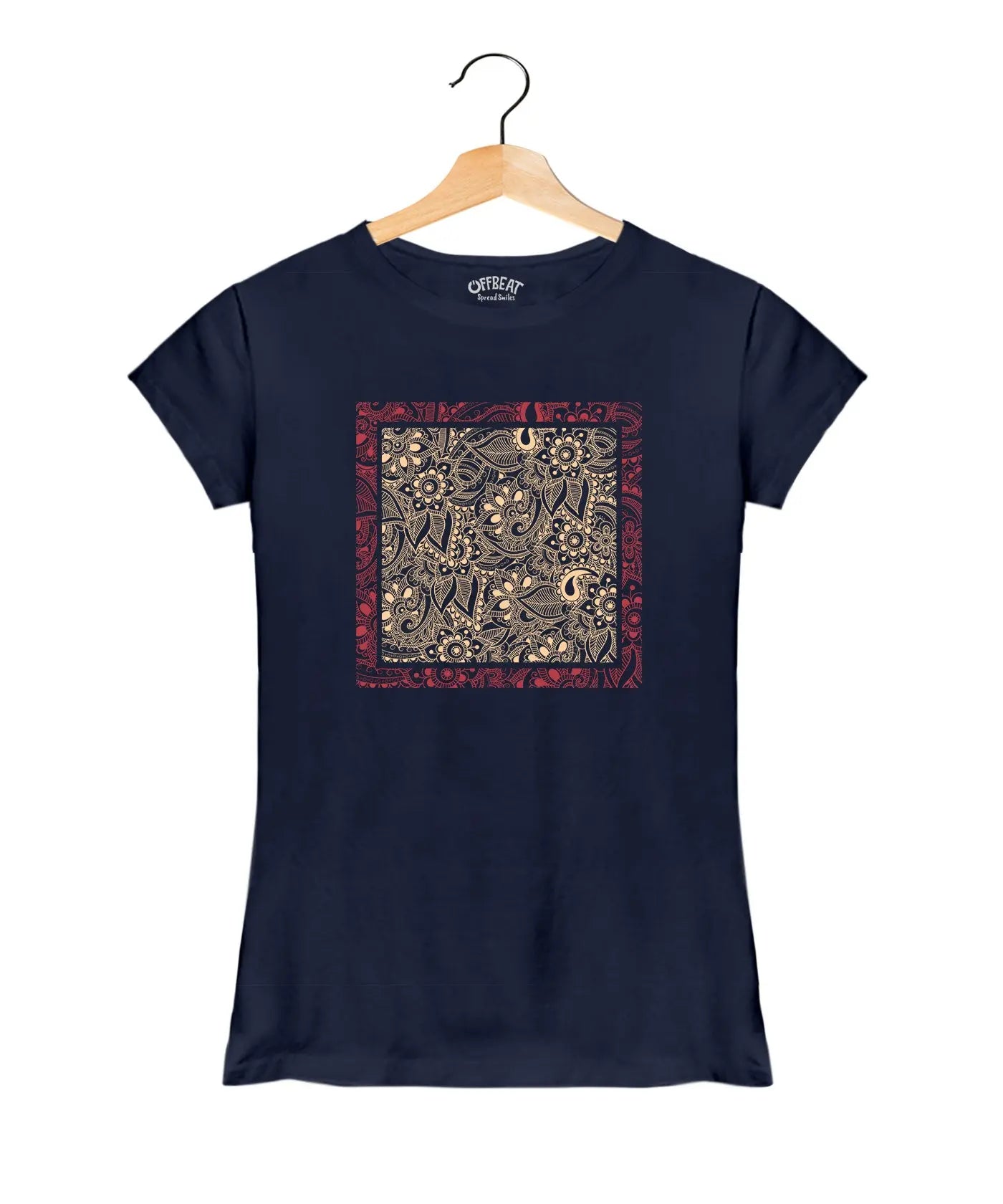 Flowers And Leaves Art - Women’s T-Shirt – Premium Round Neck - Navy Blue - 100% Cotton Offbeat