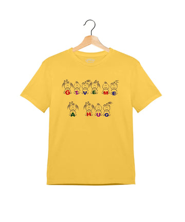 "Give Me a Hug" - Kids Unisex T-Shirt – Premium Round Neck - Minion Yellow - 100% Cotton Offbeat