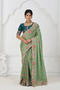 Grace in Green: Floral Elegance in Multi-Thread Embroidered Saree KSR