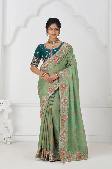 Grace in Green: Floral Elegance in Multi-Thread Embroidered Saree KSR