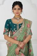 Grace in Green: Floral Elegance in Multi-Thread Embroidered Saree KSR