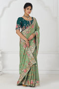 Grace in Green: Floral Elegance in Multi-Thread Embroidered Saree KSR