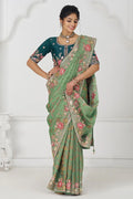 Grace in Green: Floral Elegance in Multi-Thread Embroidered Saree KSR