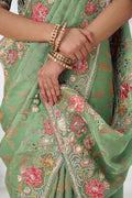 Grace in Green: Floral Elegance in Multi-Thread Embroidered Saree KSR