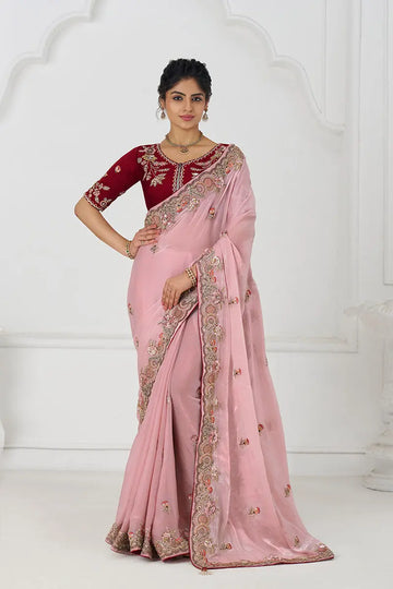 Graceful Pink Zari and Sequins on Rich Fendi Silk Saree KSR
