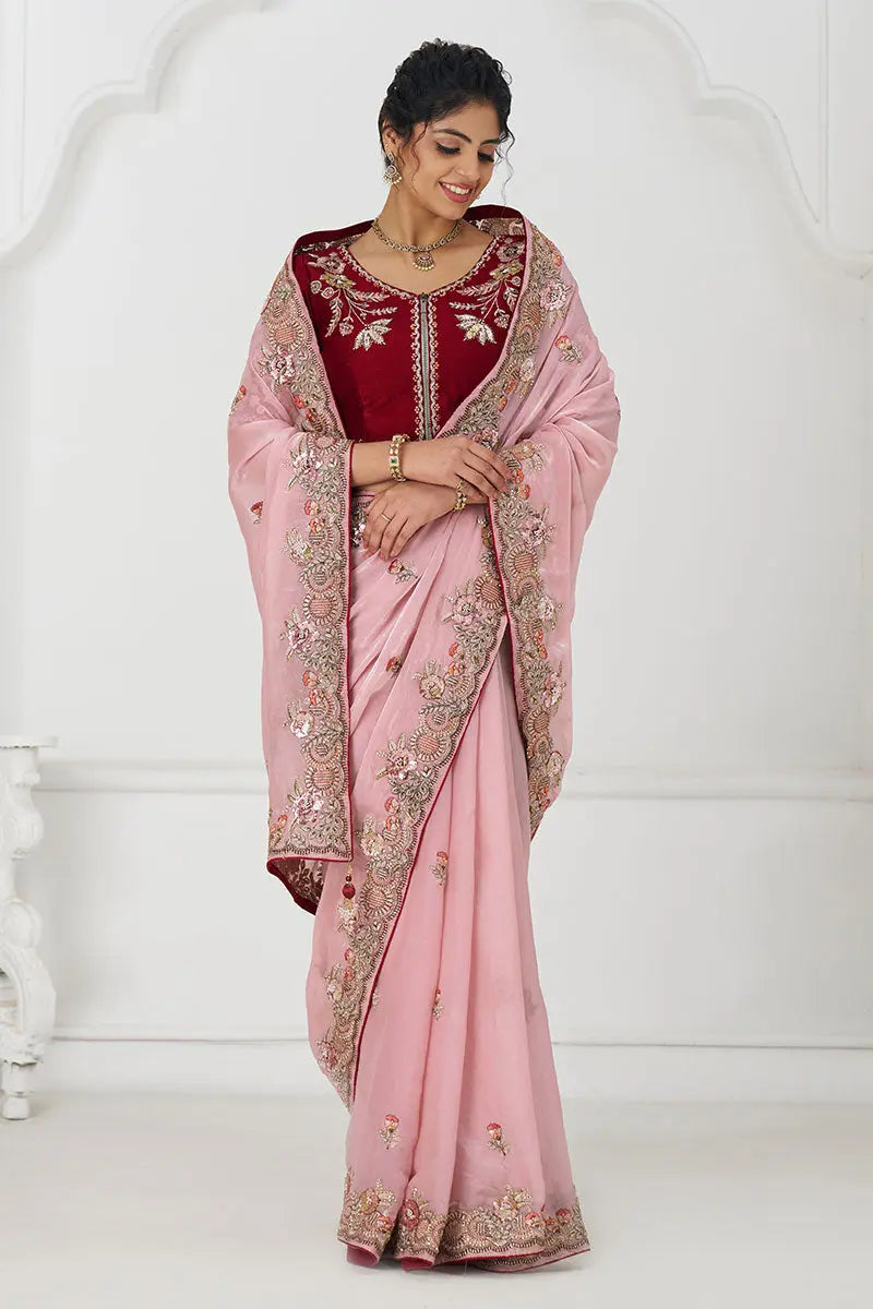 Graceful Pink Zari and Sequins on Rich Fendi Silk Saree KSR