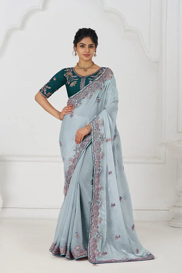 Graceful grey in Rich Silk Fendi Saree with Zari and Sparkling Sequins KSR