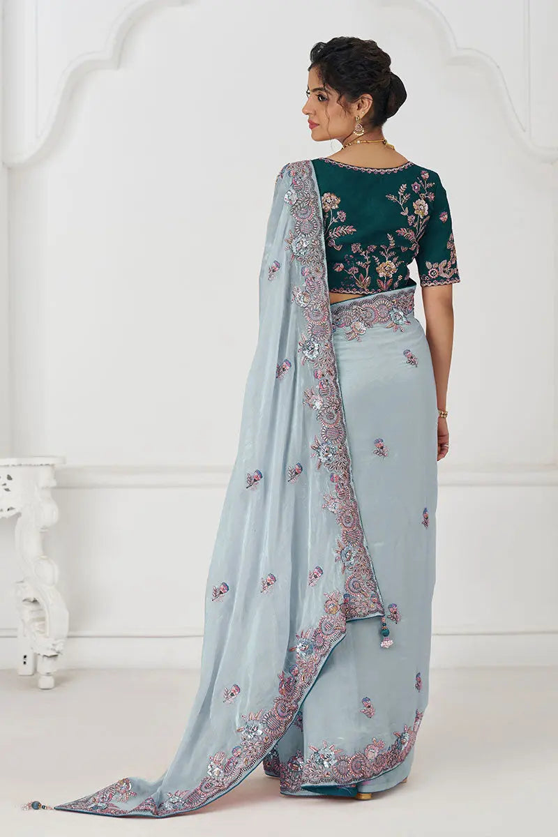 Graceful grey in Rich Silk Fendi Saree with Zari and Sparkling Sequins KSR