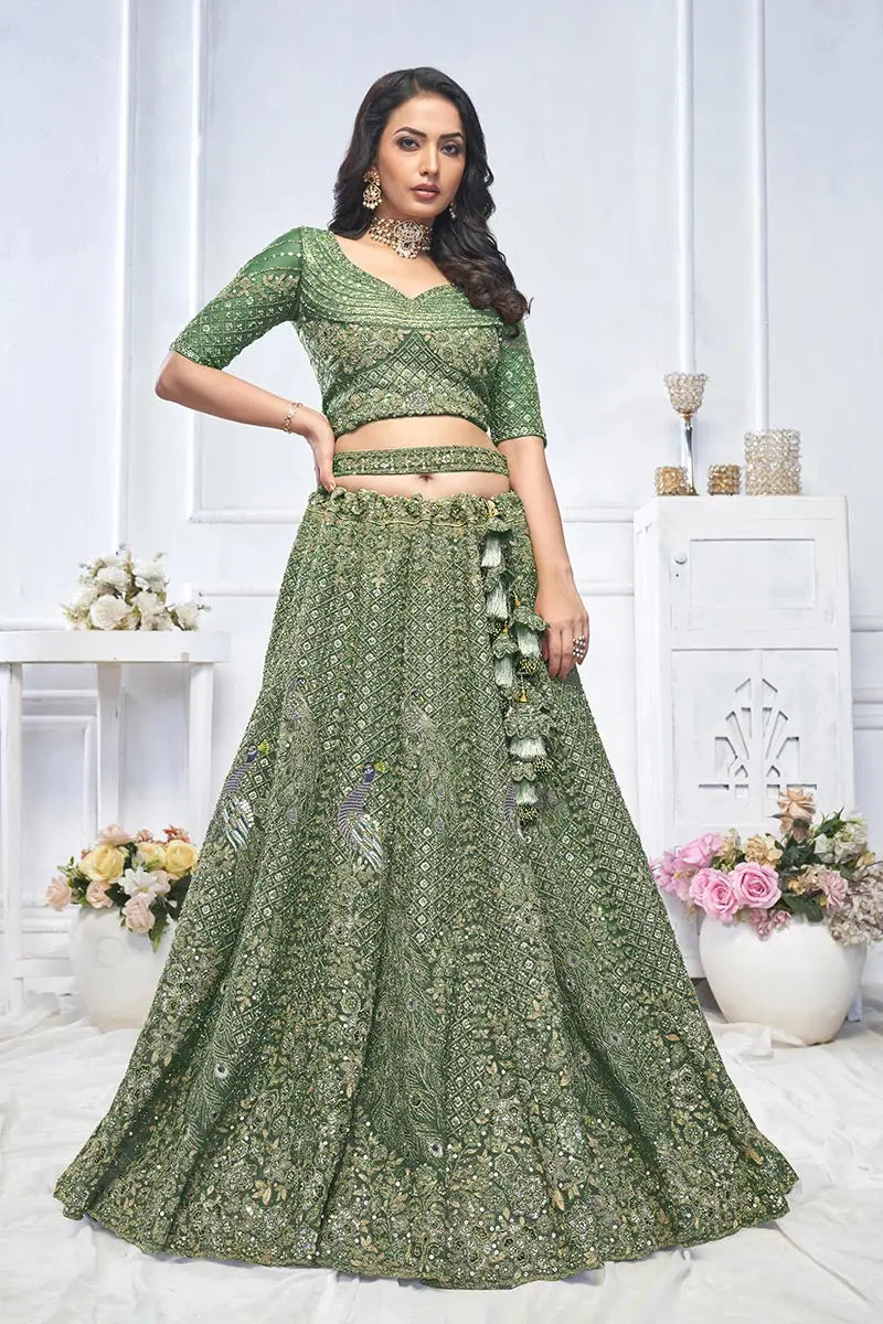 Green Heavy Embroidered Bridal Lehenga with Mirror & Zari Detailing KSR
