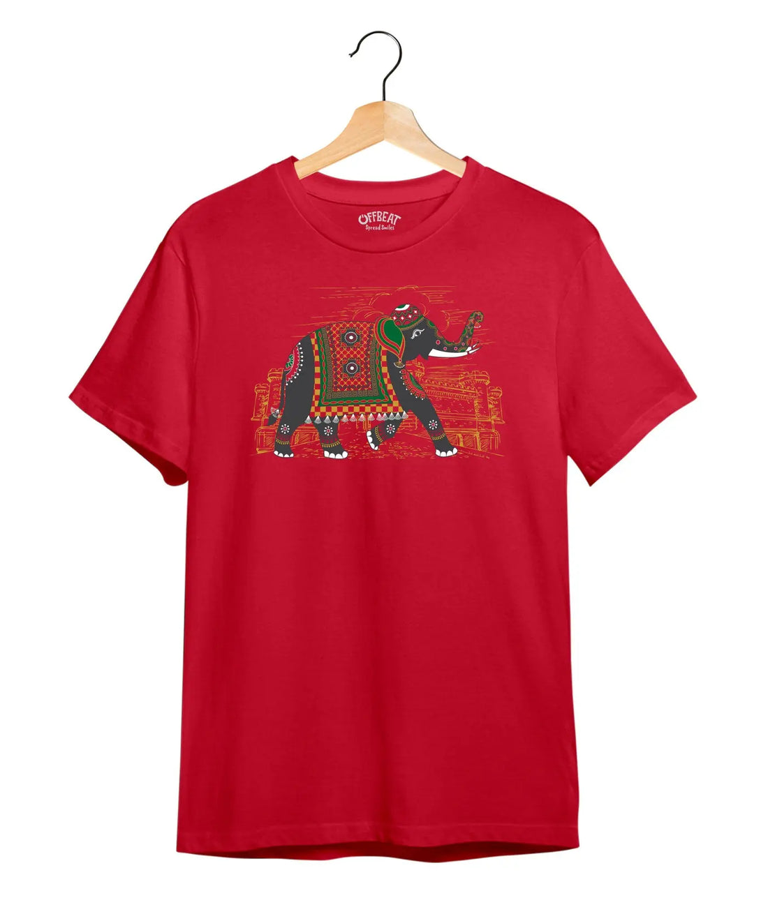Greeting Elephant Art Printed T-Shirt – Premium Round Neck - Red - 100% Cotton Offbeat