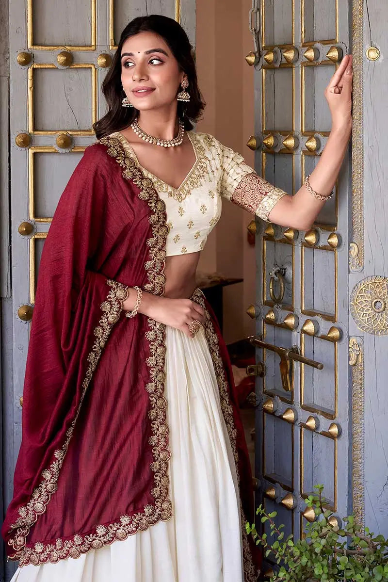 Ivory & Maroon Bridal Lehenga Choli Set with Dupatta – Classic Festive/Functionwear RTI